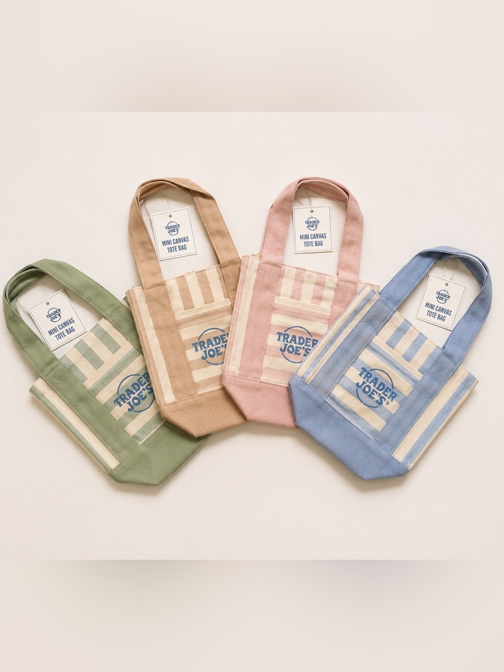 Trader Joe’s Mini Canvas Tote Bag Set of 4 Blue Pink Green Tan Striped NEW 2026